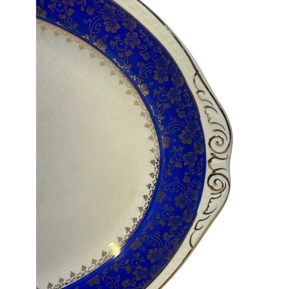 Craftsman Dinnerware Vintage Cobalt Blue 18K Gold Floral 13" Oval Platter USA - Picture 4 of 8
